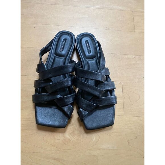 VINCE Women's "Zayna" black sandals sz 7 wrapped leather square toe slides - Picture 2 of 9